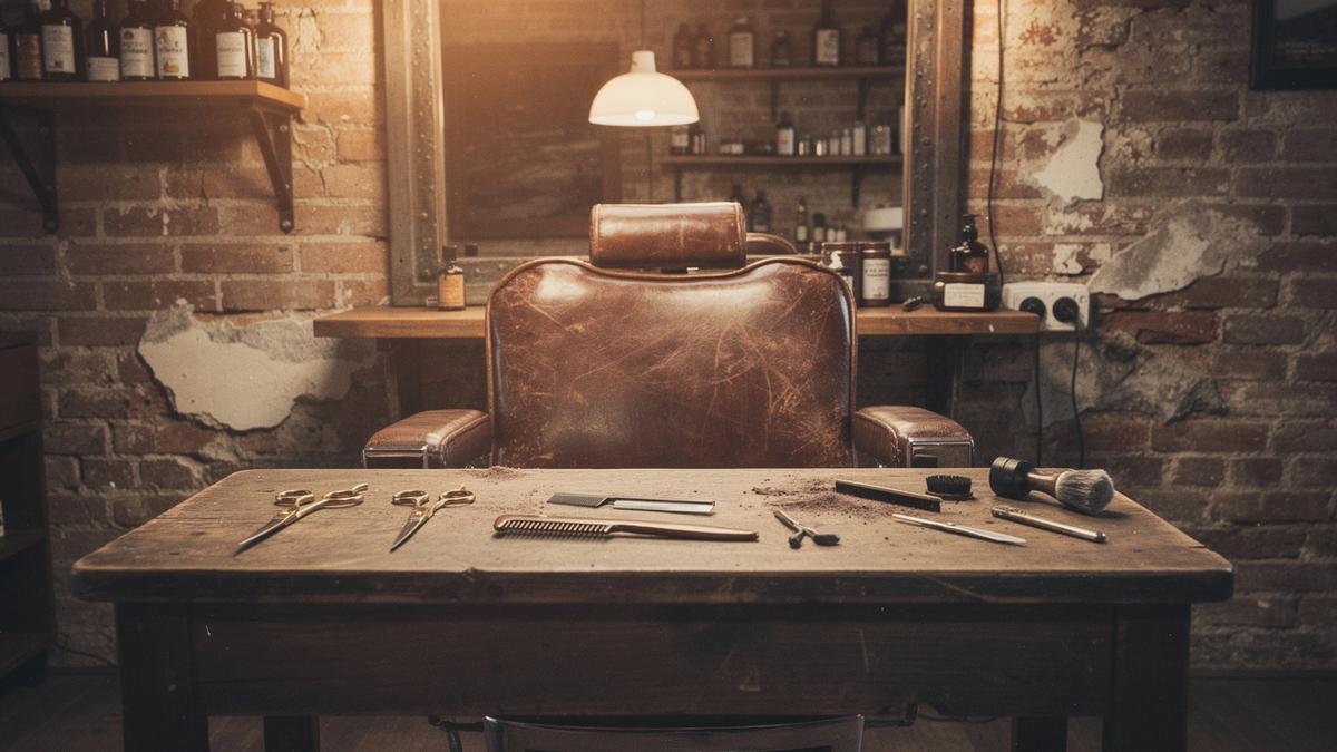 Warm-lit barbershop interior with leather chair and brass tools