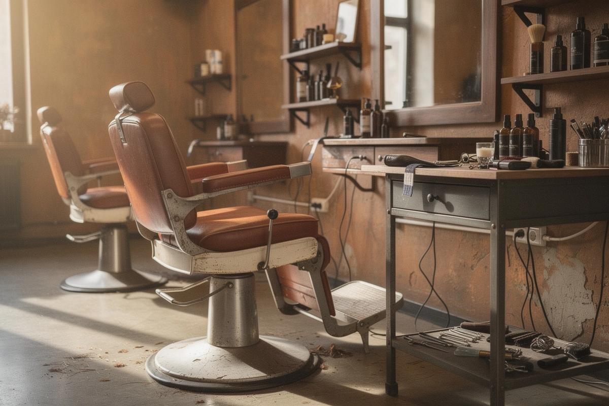 Barber chair and steel workbench in a warm, tobacco-toned Kyiv barbershop