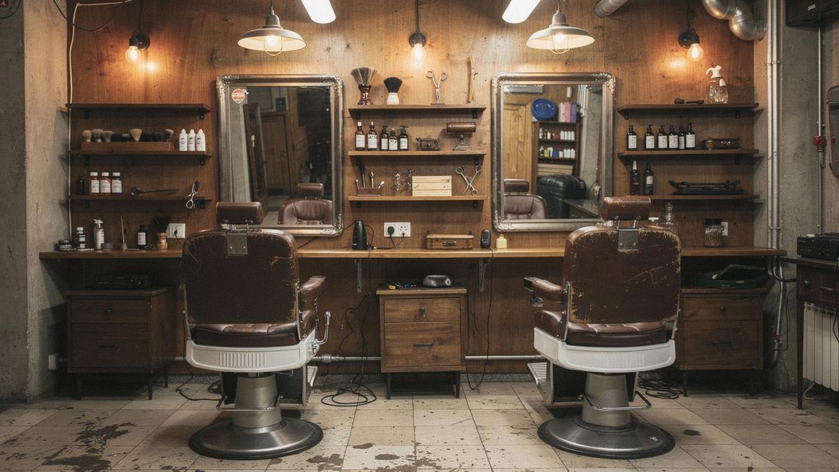 Warm monochrome interior of the Kyiv craft barbershop studio.